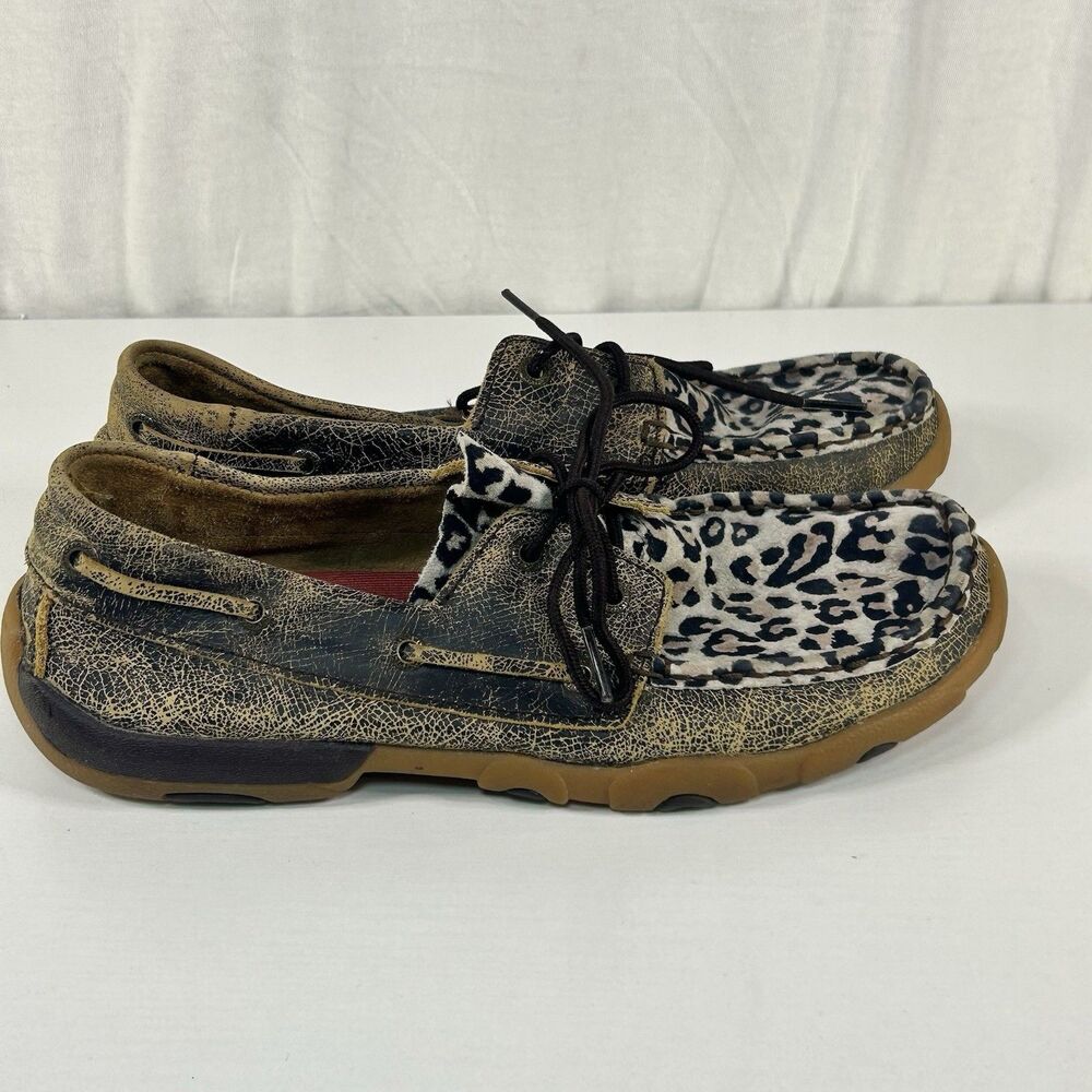 Twisted X Driving Moc Boat Shoes Womens 8.5 M Low Leopard Print Leather Brown